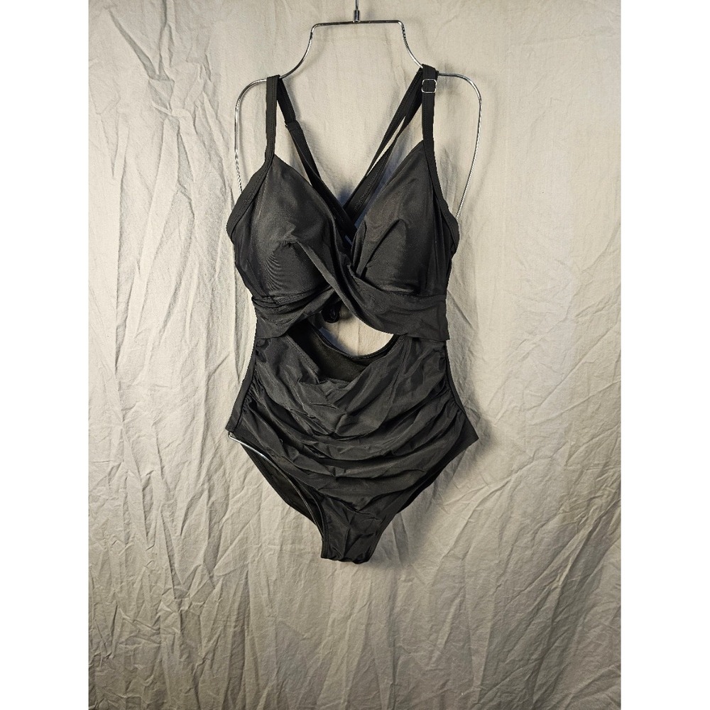 Women Black Cutout One Piece Swimsuit Ruched Twisted Bust Monokini Size L